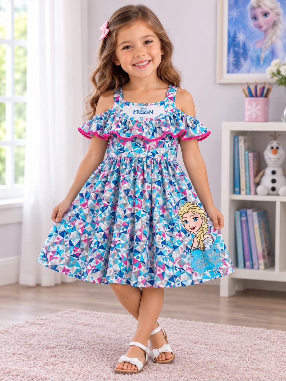 Disney Frozen Elsa Ruffled Cold-Shoulder Dress - Blue/Pink/White
